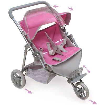 Badger Basket Trek 3-Wheel Folding Twin Doll Jogging Stroller - Gray/Pink 1 Badger Basket Trek 3-Wheel Folding Twin Doll Jogging Stroller - Gray/Pink