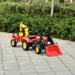 Aosom 3 In1 Kids Ride On Bulldozer/Excavator Toy With 6 Wheels Controllable Cargo Trailer & Easy Pedal Controls