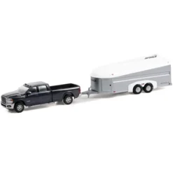 2021 Ram 3500 Laramie Crew Cab Truck Maximum Steel Blue Met. W/Aerovault MKII Trailer 1/64 Diecast Model Car By Greenlight