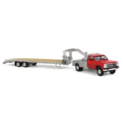 Greenlight Collectibles 1/64 1992 Dodge Ram 1st Generation Truck Red With Silver Flatbed & Silver Gooseneck Trailer 51387-B