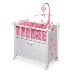 Badger Basket Cabinet Doll Crib With Chevron Bedding And Free Personalization Kit - White/Pink