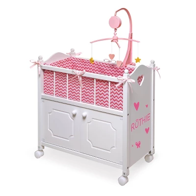 Badger Basket Cabinet Doll Crib With Chevron Bedding And Free Personalization Kit - White/Pink 1 Badger Basket Cabinet Doll Crib With Chevron Bedding And Free Personalization Kit - White/Pink