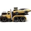 1953 Mack B-61 Flatbed Truck Gold & 1970 Oldsmobile 442 Gold W/ Black Top & Stripes 1/64 Diecast Model Cars By Muscle Machines