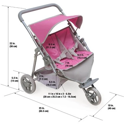 Badger Basket Trek 3-Wheel Folding Twin Doll Jogging Stroller - Gray/Pink 4 Badger Basket Trek 3-Wheel Folding Twin Doll Jogging Stroller - Gray/Pink - Image 4