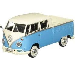 Volkswagen Type 2 (T1) Double Cab Pickup Truck Light Blue And Cream 1/24 Diecast Model Car By Motormax