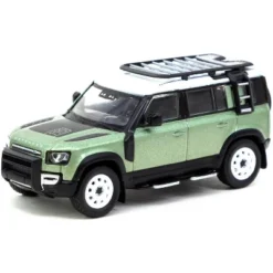 Land Rover Defender 110 With Roof Rack Light Green Metallic With White Top 1/64 Diecast Model Car By Tarmac Works
