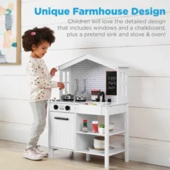 Best Choice Products Farmhouse Play Kitchen Toy For Kids W/ Chalkboard, Storage Shelves, 5 Accessories