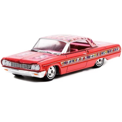 1964 Chevrolet Impala Lowrider Pink Metallic With Rose Graphics And Pink Interior 1/64 Diecast Model Car By Greenlight 1 1964 Chevrolet Impala Lowrider Pink Metallic With Rose Graphics And Pink Interior 1/64 Diecast Model Car By Greenlight