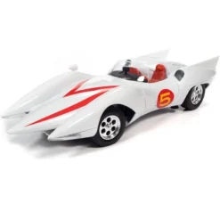 Mach 5 Five White With Chim-Chim Monkey And Speed Racer Figurines 1/18 Diecast Model Car By Auto World