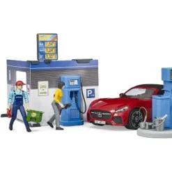 Bruder Bworld Gas Service Station With Shop, Car Wash And Roadster Car