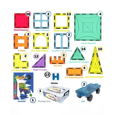 Mag Genius 120 Pieces Magnetic Mathematical Shaped Colorful And Transparent Building Tiles + Bonus 13 Double Sided, Click-in; Alphabet Letters 1 Mag Genius 120 Pieces Magnetic Mathematical Shaped Colorful And Transparent Building Tiles + Bonus 13 Double Sided, Click-in; Alphabet Letters