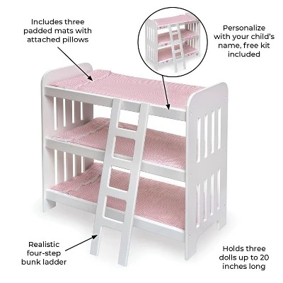 Badger Basket Triple Doll Bunk Bed With Ladder, Bedding, And Free Personalization Kit - Pink Gingham 7 Badger Basket Triple Doll Bunk Bed With Ladder, Bedding, And Free Personalization Kit - Pink Gingham - Image 7
