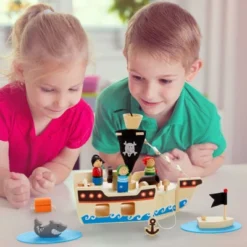 11-Pcs Blue Panda Kids Pirate Ship Set, Wooden Toy Boat With Accessories For Boys And Girls, Kids Ages 3 And Up, Pirate Playset Pack With Figurines