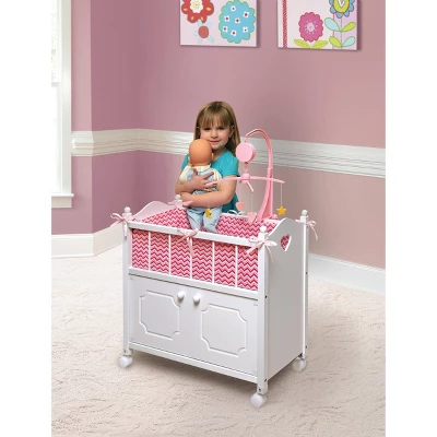 Badger Basket Cabinet Doll Crib With Chevron Bedding And Free Personalization Kit - White/Pink 2 Badger Basket Cabinet Doll Crib With Chevron Bedding And Free Personalization Kit - White/Pink - Image 2