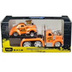 1953 Mack B-61 Flatbed Truck #717 And 1941 Willys Coupe Gasser #717 Orange Met. 1/64 Diecast Model Cars By Muscle Machines